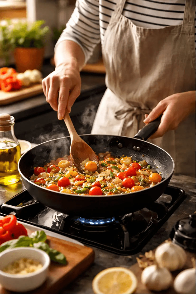 Student kookt een maaltijd voor het gezin
